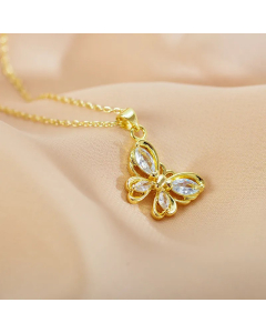 White Butterfly Stainless Steel Hollow Out Inlay Zircon Pendant Necklace