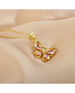 Pink Butterfly Stainless Steel Hollow Out Inlay Zircon Pendant Necklace