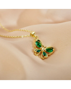 Green Butterfly Stainless Steel Hollow Out Inlay Zircon Pendant Necklace