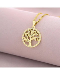Elegant Lady Round With Tree Plating Inlay Zircon 18K Gold Plated Pendant Stainless Steel Necklace 