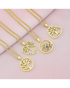 Wholesale Stainless Steel Necklace Elegant Lady Heart Shape Round With Tree Plating Inlay Zircon 18K Gold Plated Pendant Necklace