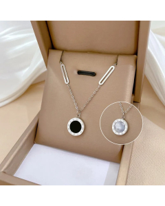 Steel Color Classic Lady Double Side Round Plating Pendant Stainless Steel Necklace 