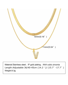 Letter V Stainless Steel Plating Inlay Zircon 18K Gold Plated Layered Necklaces