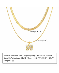 Letter W Stainless Steel Plating Inlay Zircon 18K Gold Plated Layered Necklaces