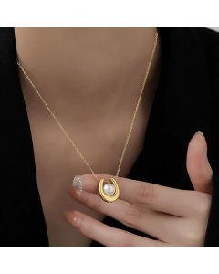 Retro Lady Geometric Imitation Pearl Titanium Steel Pendant Necklace