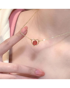 Sweet Heart Shape Strawberry Quartz Titanium Steel Hollow Out Pendant Necklace