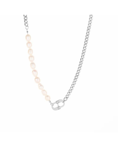 Steel Color Oval Titanium Steel Pearl Plating 14K Gold Plated Necklace