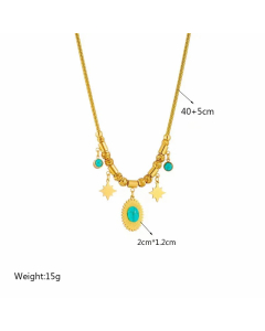 Vintage Style Commute Star Oval Titanium Steel Plating Inlay Turquoise 18K Gold Plated Pendant Necklace