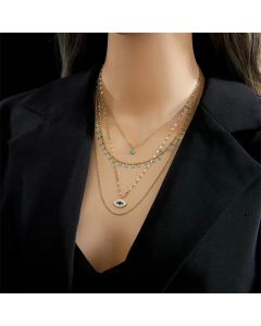 Retro Modern Style Eye Titanium Steel Plating Hollow Out Inlay Turquoise Zircon 18K Gold Plated Layered Necklaces