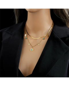 Vintage Style Round Devil'S Eye Titanium Steel Plating Inlay Turquoise 18K Gold Plated Layered Necklaces