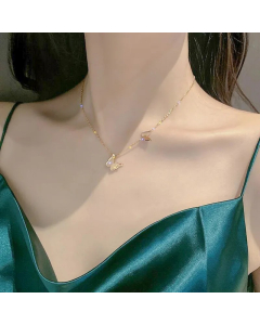 Sweet Simple Style Round Chinese Character Flower Titanium Steel Inlay Rhinestones Shell Pendant Necklace