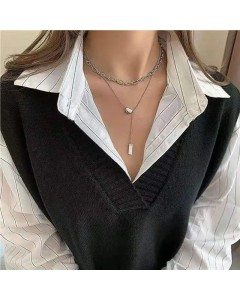 INS Style Simple Style Solid Color Rectangle Titanium Steel Plating Layered Necklaces