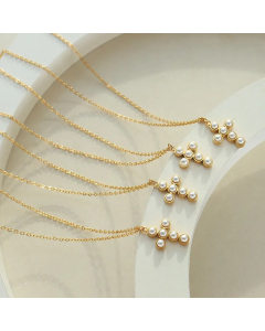 Simple Style Cross Titanium Steel Plating Inlay Artificial Pearls Pendant Necklace