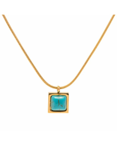 Elegant Square Stainless Steel Inlay Turquoise 18K Gold Plated Pendant Necklace