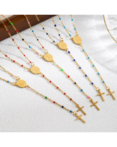 Elegant Classical Cross Virgin Mary Priest Stainless Steel Beaded Plating 18K Gold Plated Necklace_colorza_4