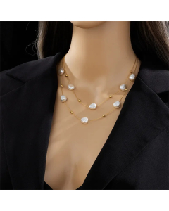 INS Style Casual Irregular Titanium Steel Pearl Plating 18K Gold Plated Layered Necklaces