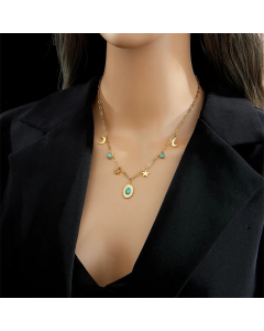 Vintage Style Simple Style Pentagram Moon Oval Titanium Steel Plating Inlay Turquoise 18K Gold Plated Pendant Necklace
