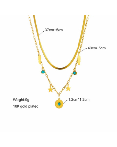 Vintage Style Pentagram Round Leaves Titanium Steel Enamel Plating Inlay Turquoise 18K Gold Plated Layered Necklaces