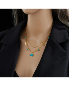 Vintage Style Round Eye Titanium Steel Enamel Plating Inlay Turquoise 18K Gold Plated Layered Necklaces