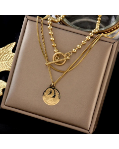 Retro Portrait Round Titanium Steel Plating 18K Gold Plated Layered Necklaces_colorza_4