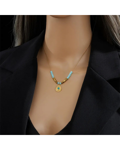 Casual Water Droplets Eye Titanium Steel Beaded Enamel Plating 18K Gold Plated Pendant Necklace