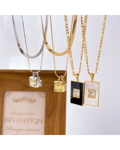 Vintage Style Square Titanium Steel Inlay Zircon Pendant Necklace