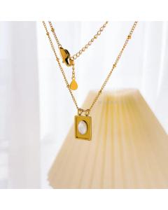Vintage Style Geometric Titanium Steel Inlay Opal Agate Shell Pendant Necklace