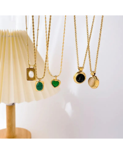 Vintage Style Geometric Titanium Steel Inlay Opal Agate Shell Pendant Necklace_colorza_4