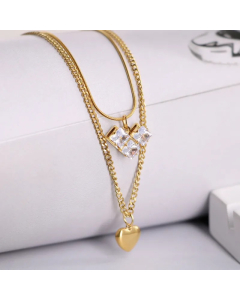 Lady Simple Style Square Heart Shape Titanium Steel Plating Inlay Rhinestones 18K Gold Plated Layered Necklaces