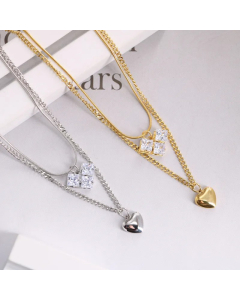 Lady Simple Style Square Heart Shape Titanium Steel Plating Inlay Rhinestones 18K Gold Plated Layered Necklaces