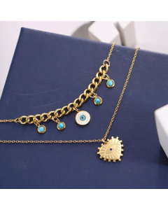Retro Devil'S Eye Heart Shape Titanium Steel Inlay Turquoise Shell Layered Necklaces