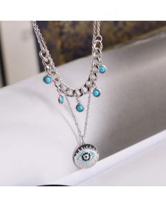 Casual Simple Style Round Devil'S Eye Titanium Steel Plating Inlay Turquoise Rhinestones Layered Necklaces