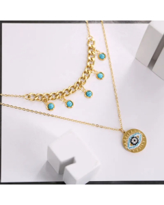 Casual Simple Style Round Devil'S Eye Titanium Steel Plating Inlay Turquoise Rhinestones Layered Necklaces