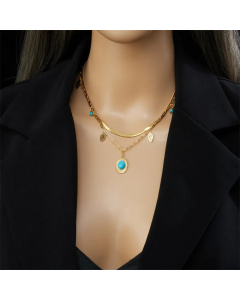 Vintage Style Leaves Titanium Steel Plating Hollow Out Inlay Turquoise 18K Gold Plated Layered Necklaces