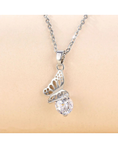 Elegant Round Flower Butterfly Stainless Steel Plating Inlay Zircon 18K Gold Plated Pendant Necklace