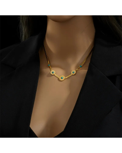 Retro Round Titanium Steel Enamel Plating Inlay Turquoise 18K Gold Plated Necklace