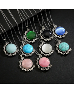 Ethnic Style Round Stainless Steel Plating Inlay Natural Stone Pendant Necklace_colorza_5