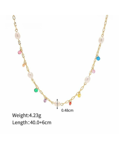 INS Style Geometric Stainless Steel Inlay Freshwater Pearl Zircon Gold Plated Necklace