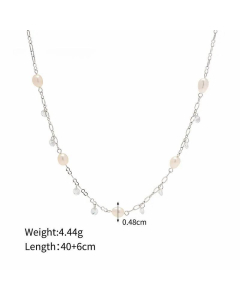 INS Style Geometric Stainless Steel Inlay Freshwater Pearl Zircon Gold Plated Necklace