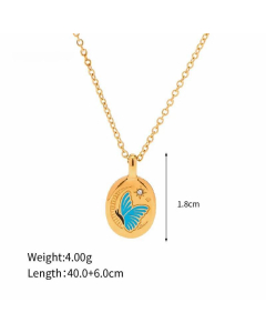 INS Style Coconut Tree Flower Butterfly Stainless Steel Enamel Plating Inlay Rhinestones 18K Gold Plated Pendant Necklace