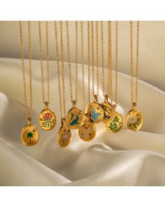 INS Style Coconut Tree Flower Butterfly Stainless Steel Enamel Plating Inlay Rhinestones 18K Gold Plated Pendant Necklace_colorza_4
