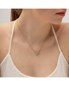 Elegant Butterfly Stainless Steel Inlay Rhinestones Shell 18K Gold Plated Pendant Necklace