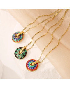 Retro Geometric Round Titanium Steel Enamel Plating 18K Gold Plated Pendant Necklace_colorza_3