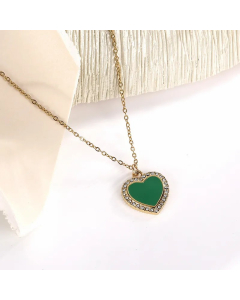Green Heart Shape Stainless Steel Enamel Inlay Rhinestones Pendant Necklace