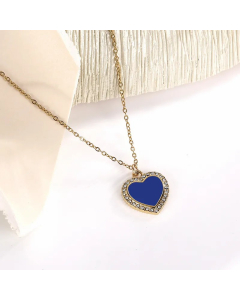 Blue Heart Shape Stainless Steel Enamel Inlay Rhinestones Pendant Necklace