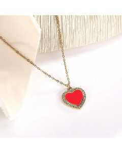 Red Heart Shape Stainless Steel Enamel Inlay Rhinestones Pendant Necklace