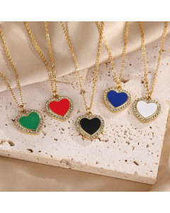 Fashion Heart Shape Stainless Steel Enamel Inlay Rhinestones Pendant Necklace