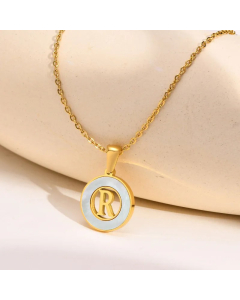 Letter R Stainless Steel Plating Hollow Out Inlay Shell 18K Gold Plated Necklace Pendant