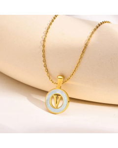 Letter V Stainless Steel Plating Hollow Out Inlay Shell 18K Gold Plated Necklace Pendant