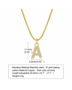 Letter A Stainless Steel Plating Inlay Zircon 18K Gold Plated Necklace Pendant